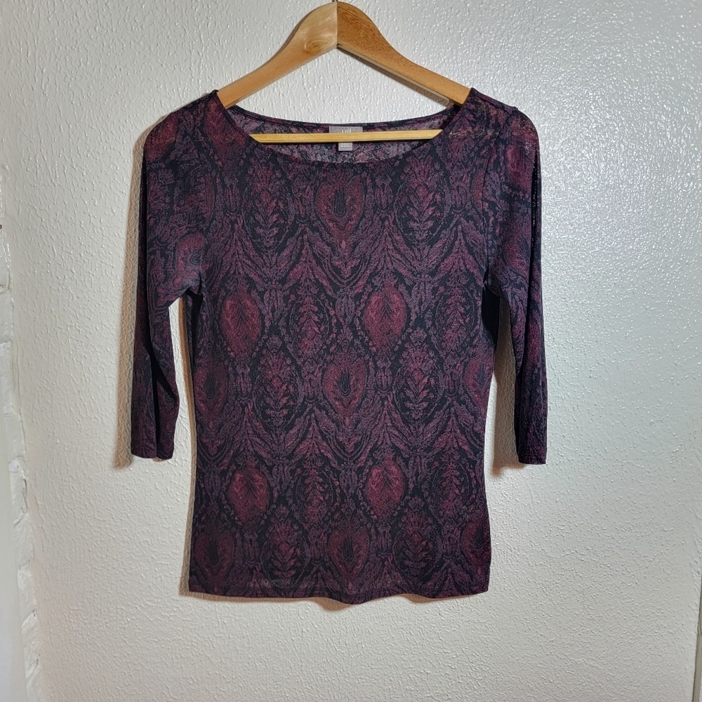 y2k J Jill Paisley Geo Print Sheer Mesh Boat Neck Top Whimsygoth Fairy Grunge S